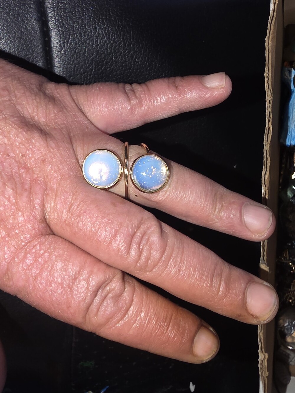 Double Moonstone Gemstone Ring On Gold Tone Ring Adjustable Size